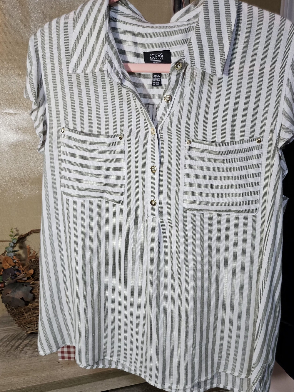 Jones New York White and Olive Striped Short-Sleeve Button Polo